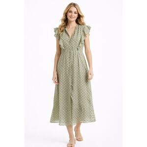 Hayden Sage Green Polka Dot Maxi Dress Ruffle Sleeve Button Front NWT Size M